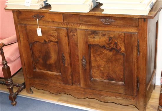 A 19th century French oak and fruitwood dresser base, W.4ft 4in. D.1ft 11in. H.3ft 1in.
